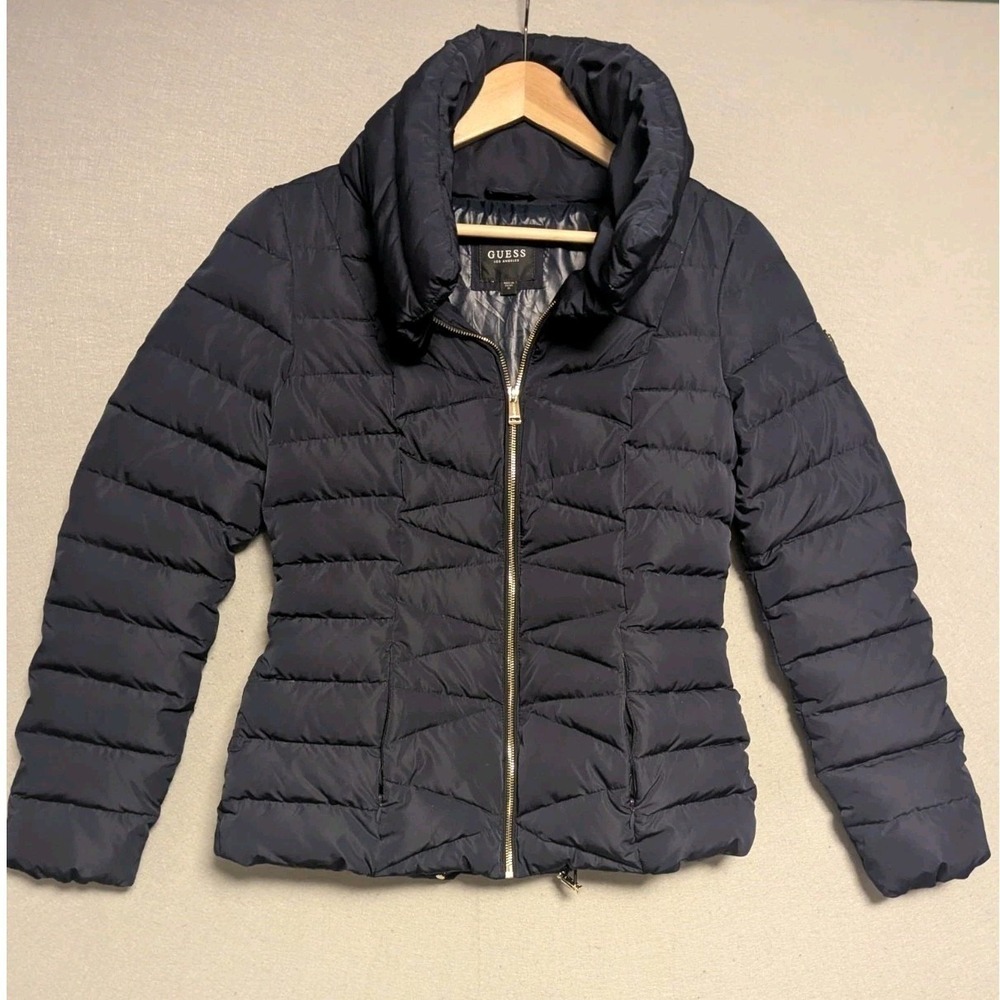 GUESS Down Jacket Navy Blue Women's Puffer Full Zip Mock Neck Sz Medium Winter